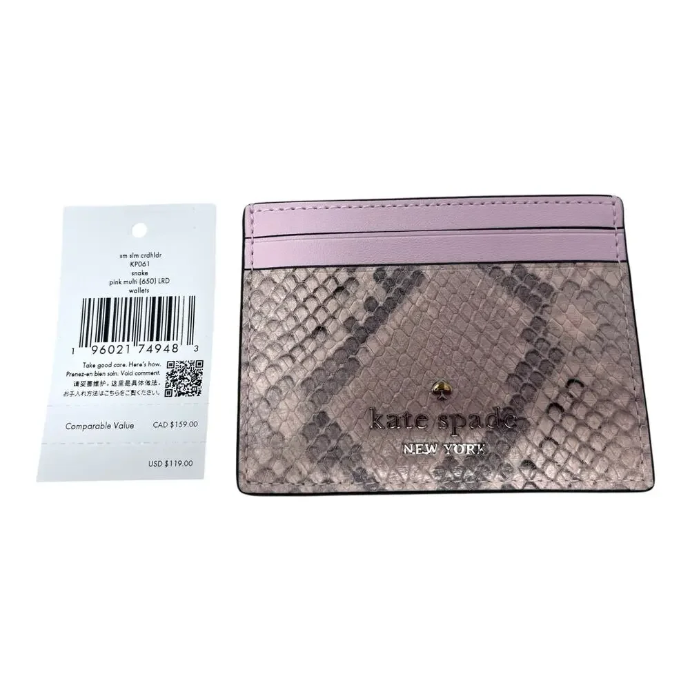 NWT Kate Spade Snake Print Slim Card Holder Pink Multi Leather Wallet $119